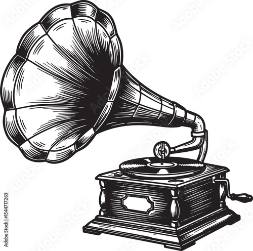 Vintage Gramophone Illustration: A Detailed Black and White Engr