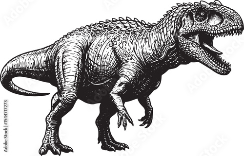 Detailed Black and White Illustration of a Carnotaurus Dinosaur