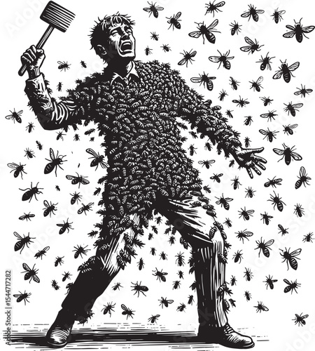 Distressed man engulfed in a swarm of bees, wielding a tool defe