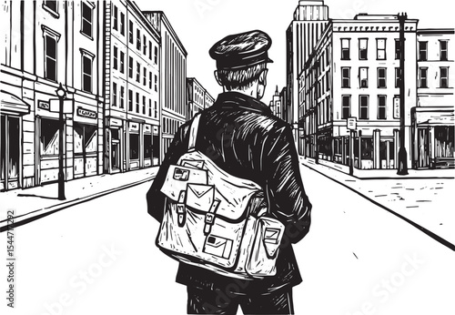 Vintage black and white illustration of a mail carrier walking d