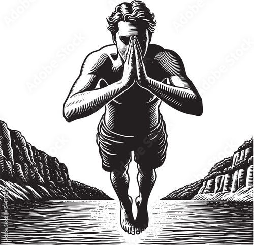 Man poised for lake dive: linocut art displaying strength and na