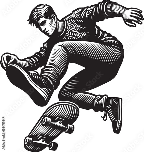Dynamic Skateboarder Black and White Woodcut Illustration Isolat