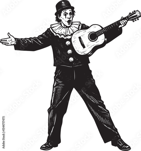 Black and white illustration of a mime performer with a guitar a