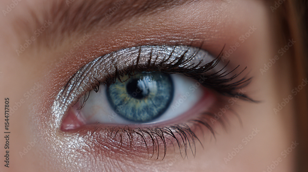Closeup of a Blue Eye with Silver Glitter Makeup Closeup of a Blue Eye with Silver Glitter Makeup