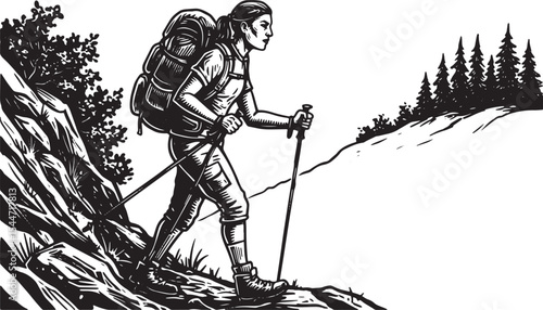 Black and White Illustration of a Woman Hiking Up a Mountain