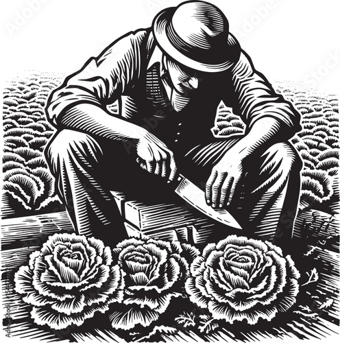 Monochrome woodcut of farmer harvesting lettuce in the garden wi