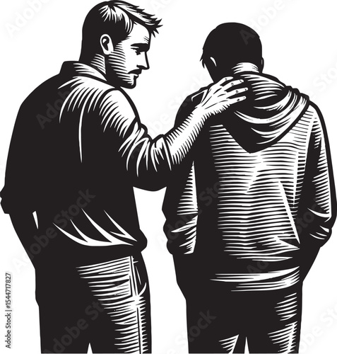 Support and compassion in black and white woodcut style artwork