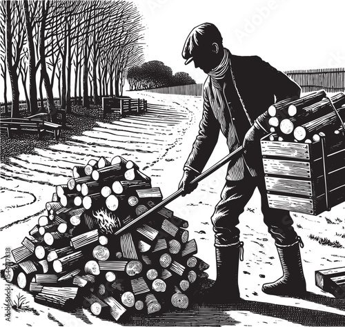 Monochromatic woodcut artwork depicting firewood collection in a