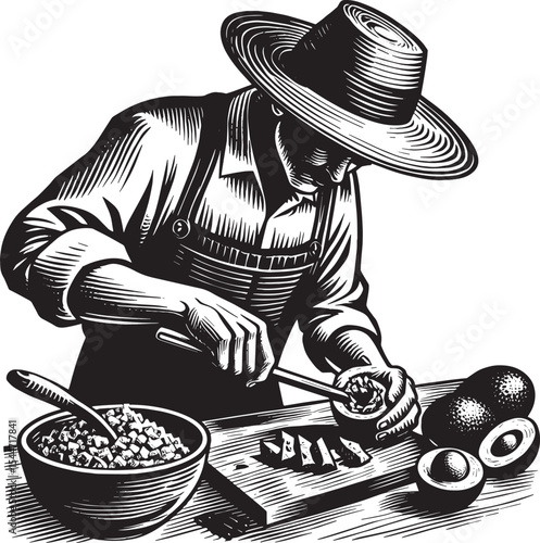 Monochrome illustration of a man preparing guacamole in rustic w