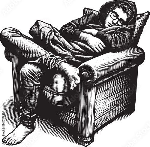 Monochrome woodcut of a man relaxing in an armchair with a hoodi