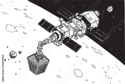 Satellite Collecting Asteroids in Space, Black and White Illustr