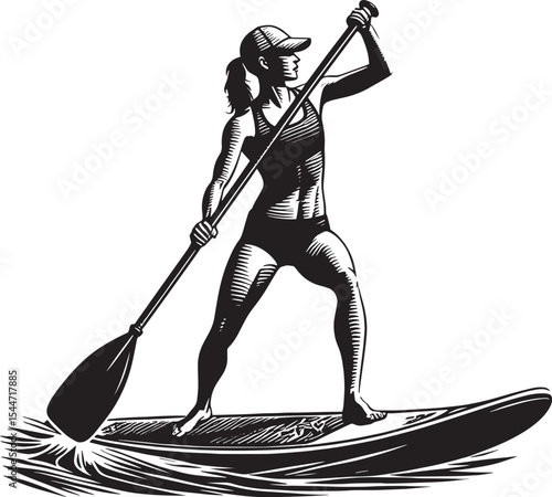 Monochrome woodcut depiction of a woman engaged in paddleboardin