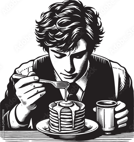 A monochrome drawing featuring a man enjoying a pancake breakfas