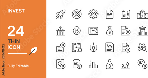 Collection of thin line invest and finance icons for business use