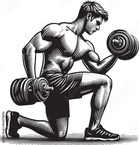 Detailed woodcut illustration of a man exercising with a dumbbel