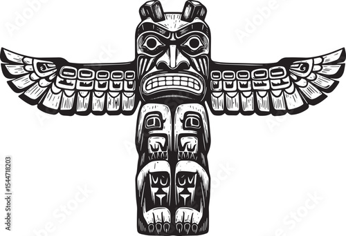 Detailed Illustration of a Totem Pole with Wings in a Black and