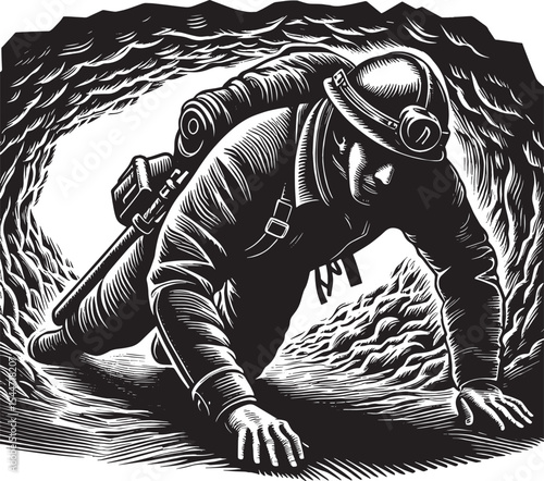 Determined explorer crawls through a tight cave passage in woodc