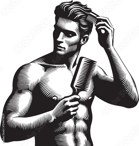 Woodcut illustration of a shirtless man grooming his hair with a