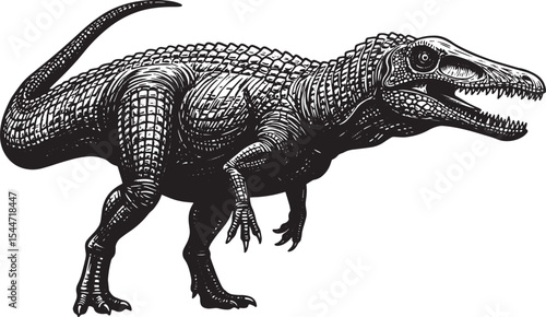 Detailed Monochrome Illustration of a Spinosaurus Dinosaur on a