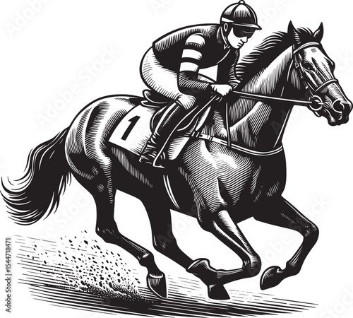 Elegant horse racing illustration in black and white vintage woo