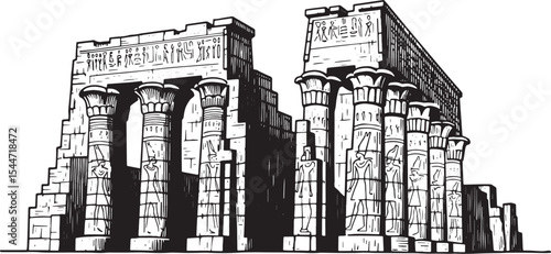 Detailed black and white illustration of ancient Egyptian temple
