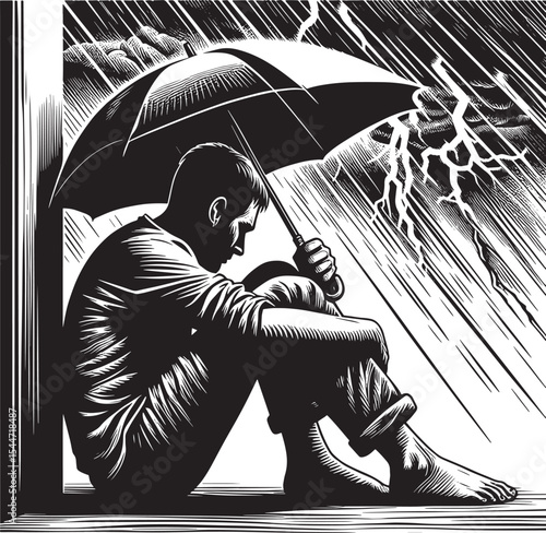 A man's silhouette finds shelter from a tempest under an umbrell