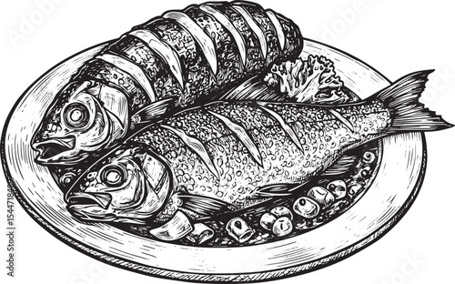 Deliciously Grilled Fish on a Plate: A Detailed Black and White
