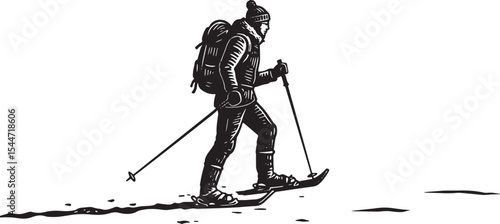Illustration of a person snowshoeing across a snowy landscape, i