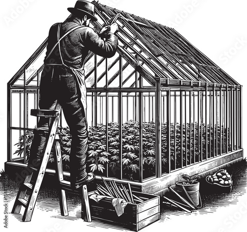 Retro Style Illustration of Greenhouse Construction and Off-Seas