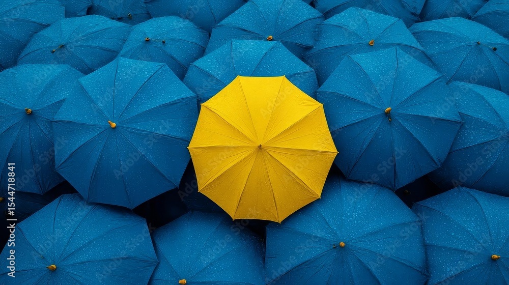 Colorful Umbrella Cover Bright Yellow Umbrella Among Blue Umbrellas on Rainy Day Colorful Umbrella Cover Bright Yellow Umbrella Among Blue Umbrellas on Rainy Day