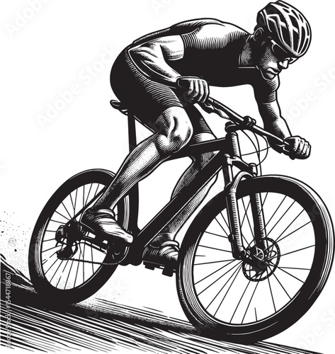 Downhill cycling race rendered in a realistic, textured, woodcut