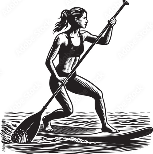 Monochrome woodcut illustration of female athlete paddleboarding