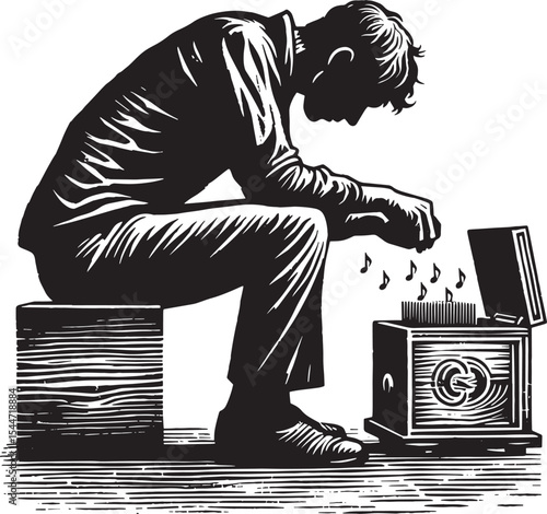 A pensive man with a nostalgic music box, captured in a woodcut