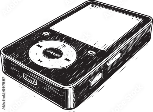 Illustration of a Black and White MP3 Player Depicting Music and