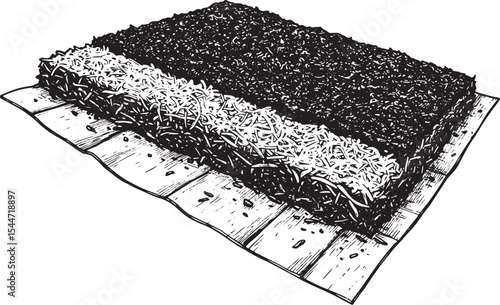 Detailed black and white illustration of a layered dessert on a