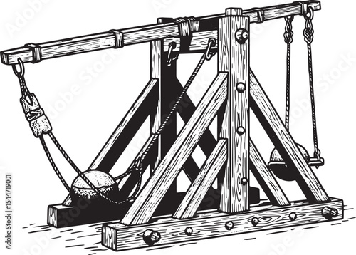 Detailed Pen and Ink Illustration of a Medieval Trebuchet War Ma