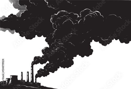 Illustration of Pollution from a Factory, with Thick Black Smoke