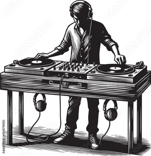 Monochrome woodcut drawing illustrating a disc jockey immersed i