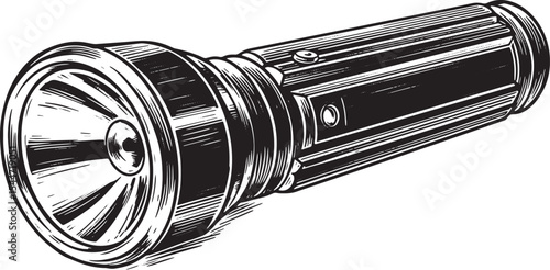 Vintage-style flashlight illustration in black and white on a wh