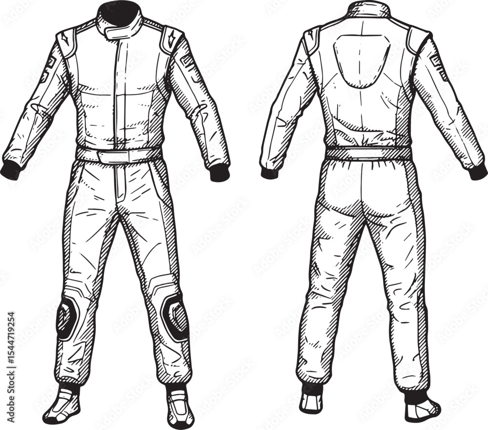 Illustration of a Racing Suit Front and Back View in Black and W Illustration of a Racing Suit Front and Back View in Black and W