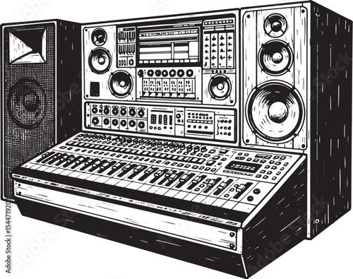 Black and white drawing of a professional audio mixing console a