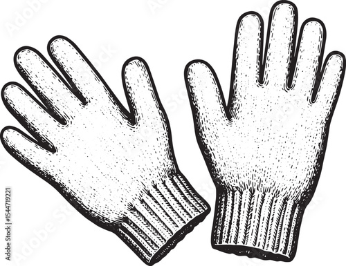 Detailed black and white illustration of two knitted work gloves