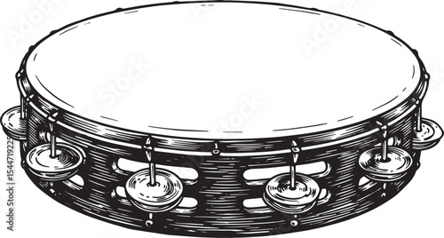 Detailed Black and White Illustration of a Tambourine Musical In