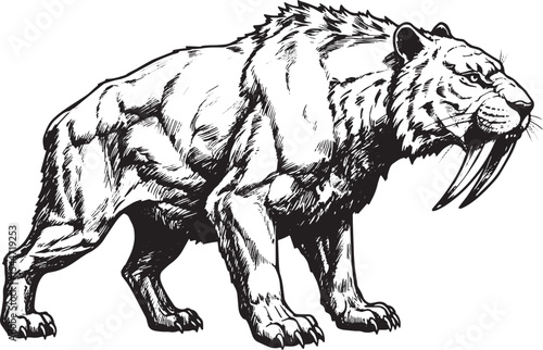 Detailed Black and White Illustration of a Saber-Toothed Tiger o