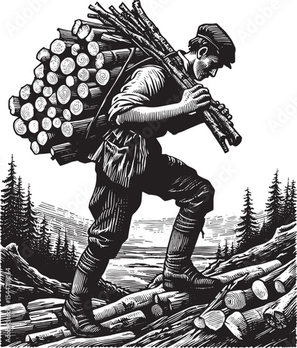 Woodcut illustration of a man hauling firewood through a rural l