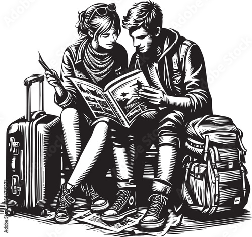 Couple anticipates new experiences reading travel brochure, with