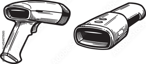 Illustration of two barcode scanners, one hand-held and the othe