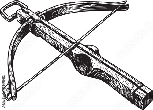 Detailed Black and White Illustration of a Hand-Drawn Crossbow W