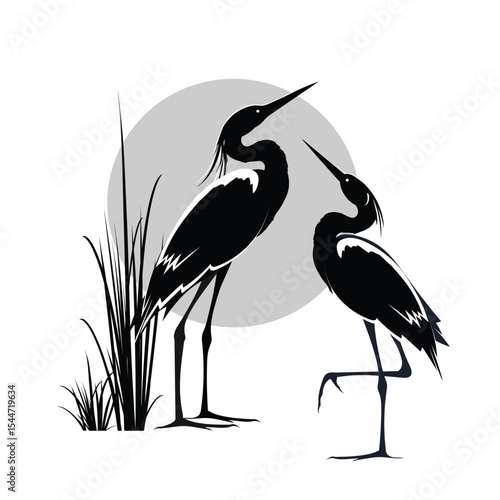 Two Heron birds silhouette standing near grass bushes thickets against a large sun circle. Vector drawing isolated on white background for printing on T-shirt, bag, ceramics or for logo, sign, emblem.