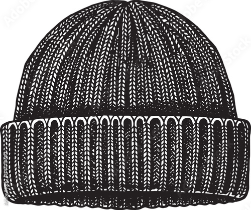 Detailed Black and White Illustration of a Knitted Beanie Hat on